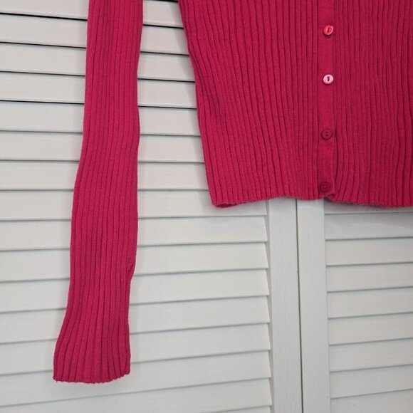 EXPRESS Rib Cotton Button Cardigan Pink Slim Long Sleeve V Neck Women Large Y2K - Picture 4 of 12